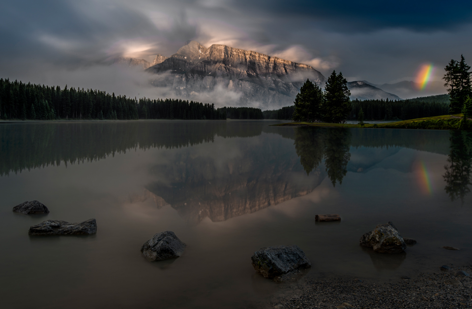 Two Jack Lake view of Mt Rundle in Banff National Park Canada